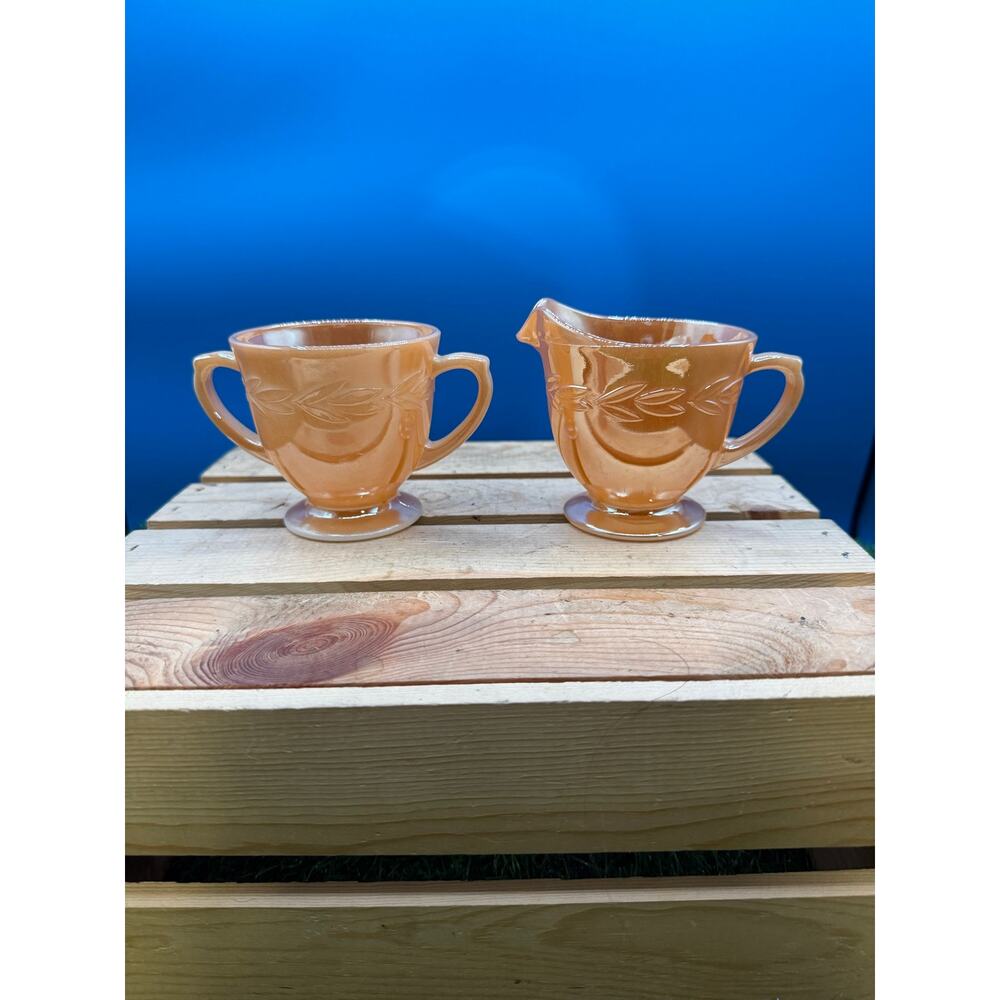 Vintage Anchor Hocking Fire-King Laurel Peach Lustre Sugar/Creamer Set